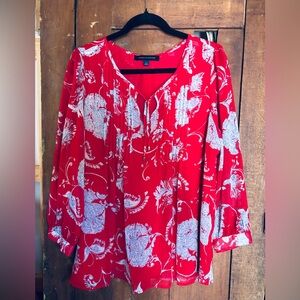 Tommy Hilfiger Red White Blue Sheer & lined flowy Florall Boho top Sz L NWOT